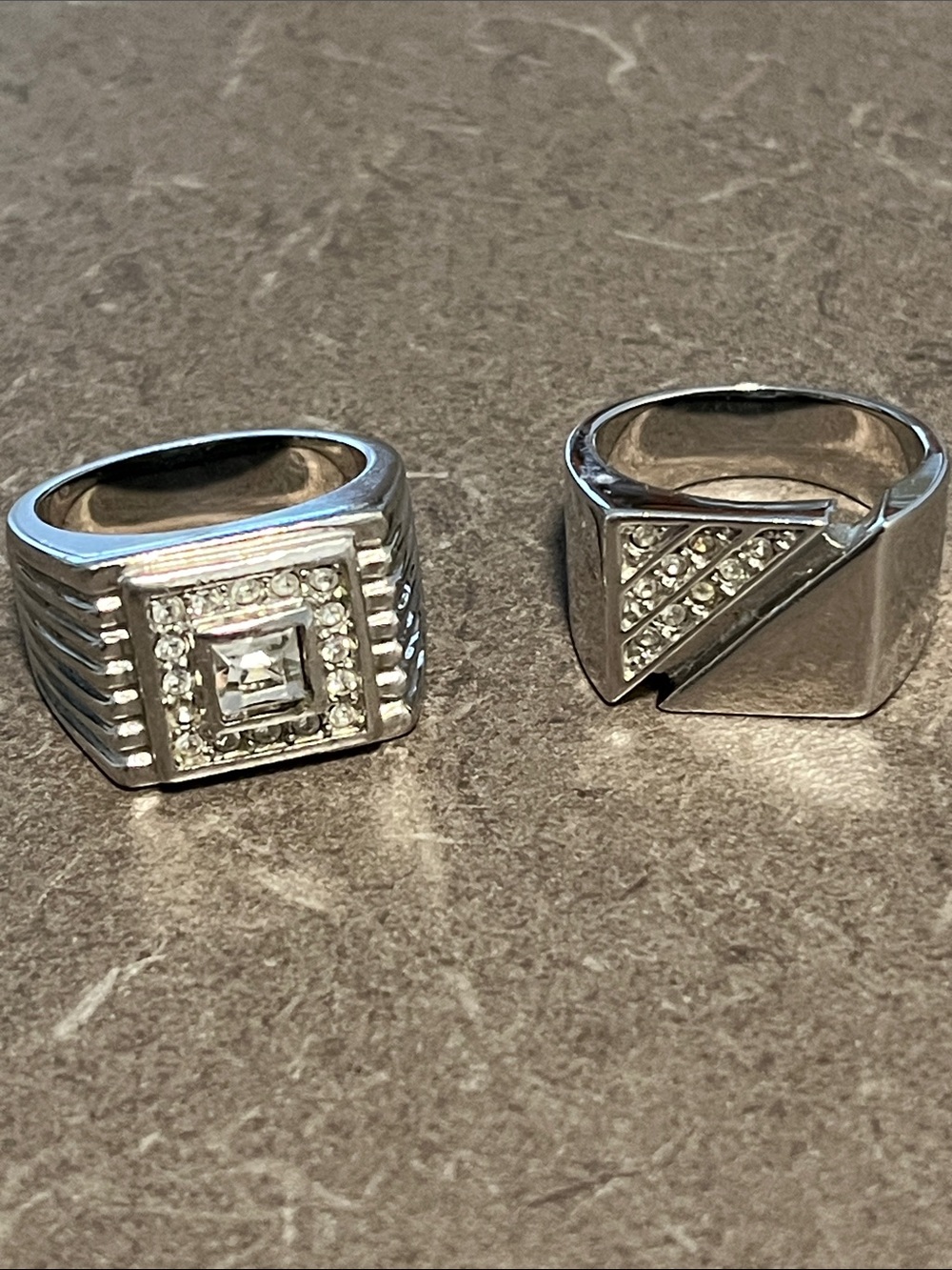 2 Men's Silver Crystal Accent Signet Ring - Stainless Sz 9-10